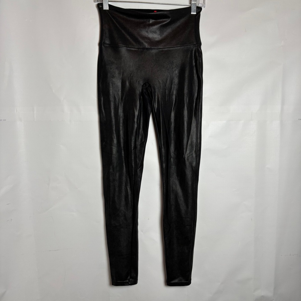 Spanx Black Faux Leather High Rise Long Liquid Leggings Large Shimmer Finish